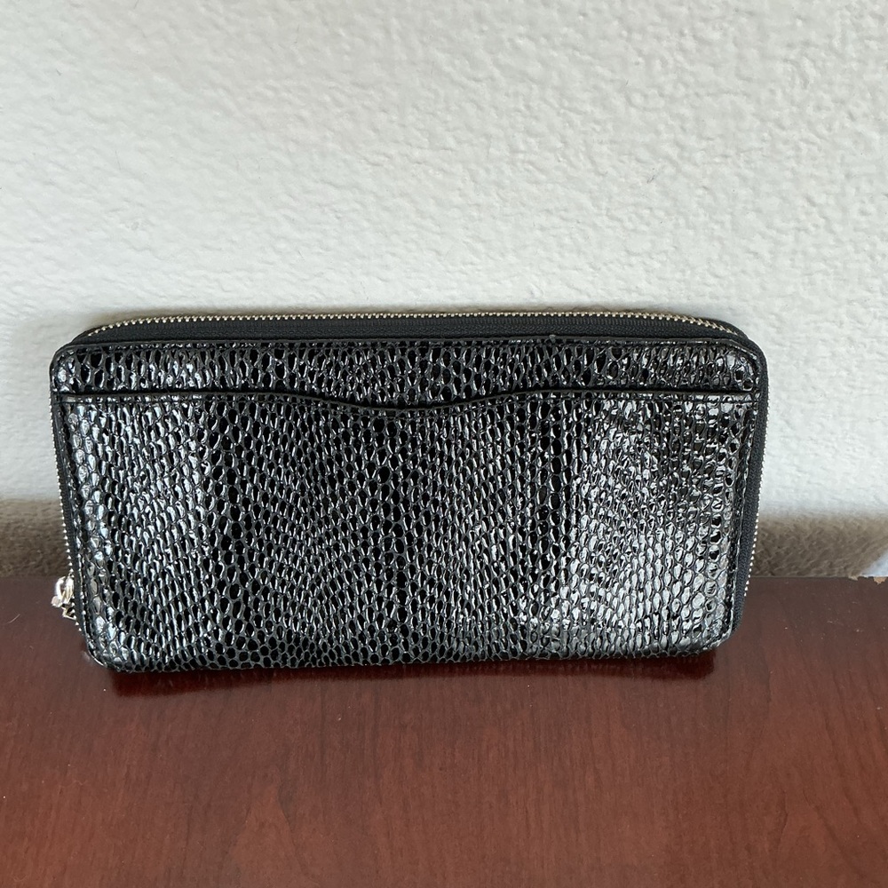 Abas Black Patent Snakeskin Zip Travel Clutch Wallet